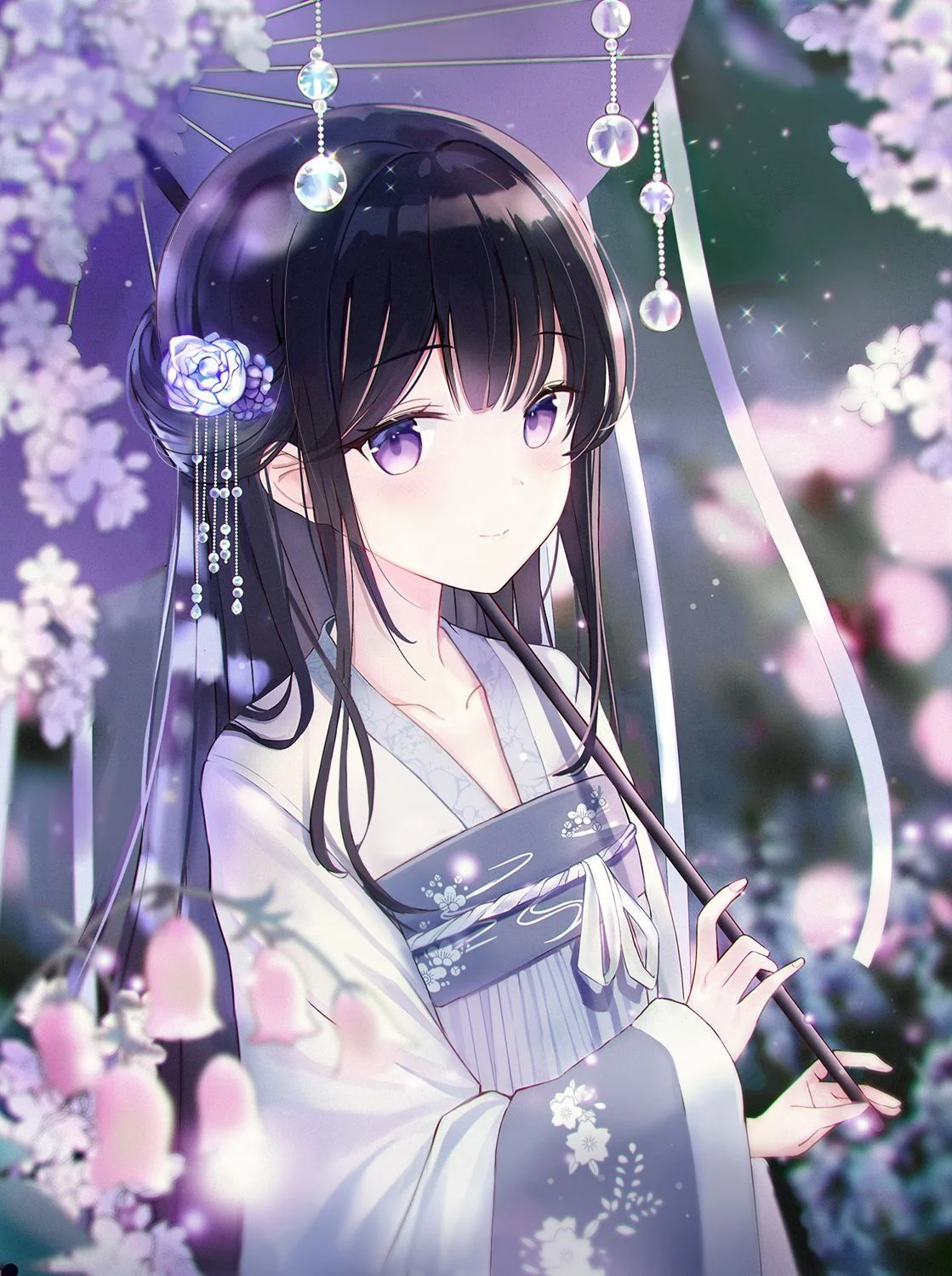 Cô gái anime mặc trang phục truyền thống dưới ô