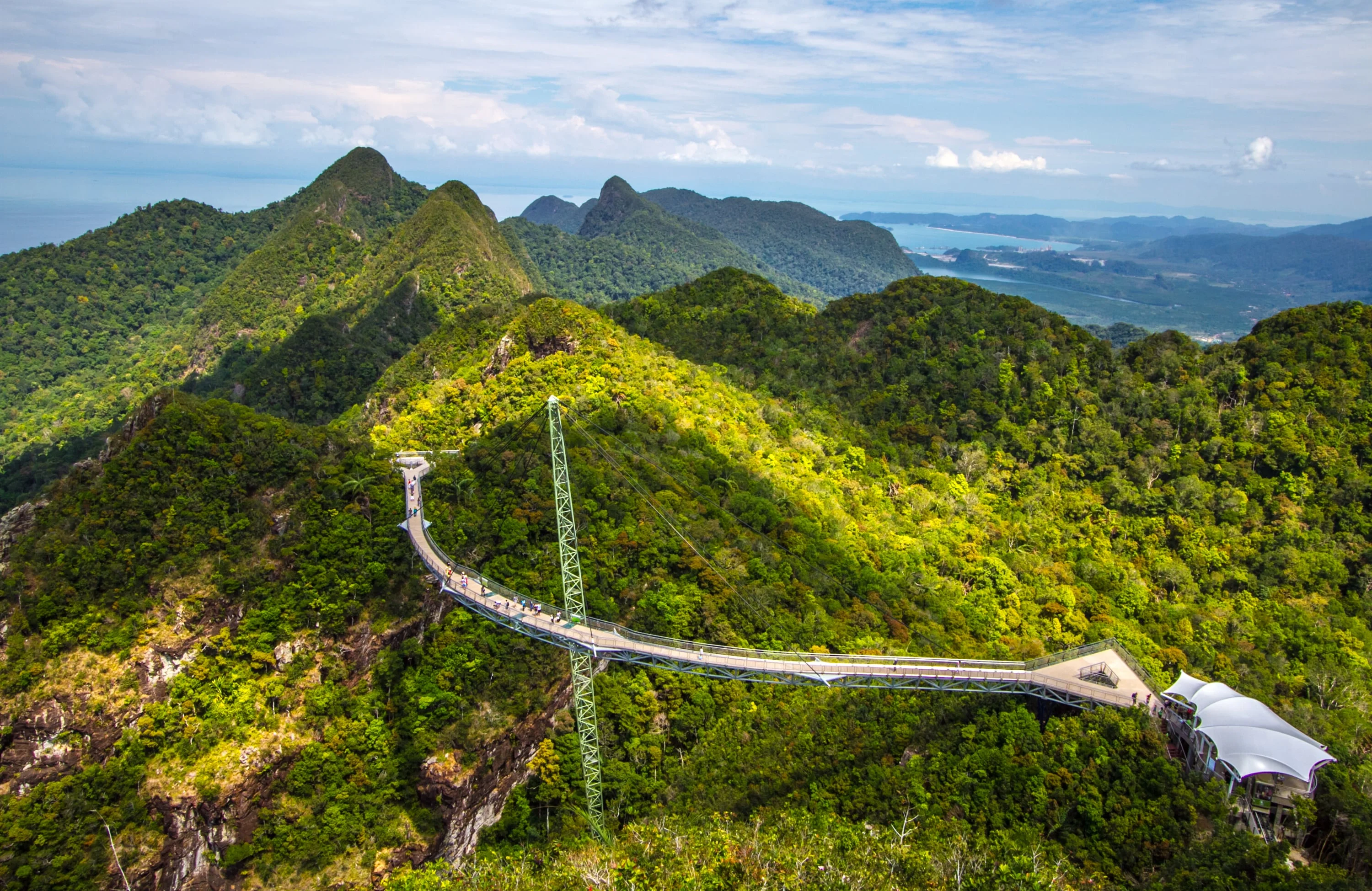 hình nền điện thoại phong cảnh cầu treo Sky Bridge trên đỉnh núi rừng nhiệt đới xanh mướt view biển