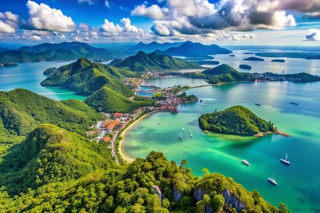 hình nền điện thoại phong cảnh vịnh đảo nhìn từ trên cao với núi xanh và nước ngọc bích