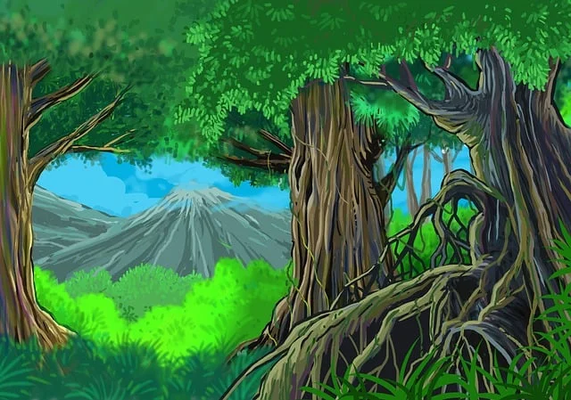 Hình nền điện thoại đẹp phong cách minh họa với cây cổ thụ, núi và bầu trời xanh