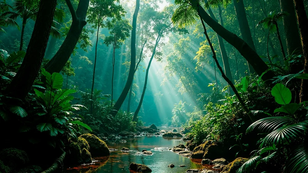 Hình nền đt đẹp với khu rừng nhiệt đới xanh mướt, tia nắng xuyên qua tán cây và dòng suối trong veo