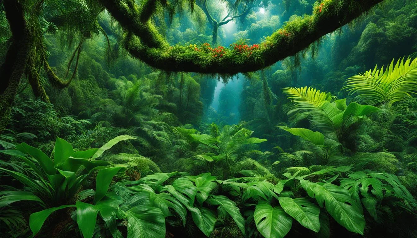 Hình nền đt đẹp với khu rừng nhiệt đới xanh mướt, tán cây phủ rêu và ánh nắng xuyên qua tán lá