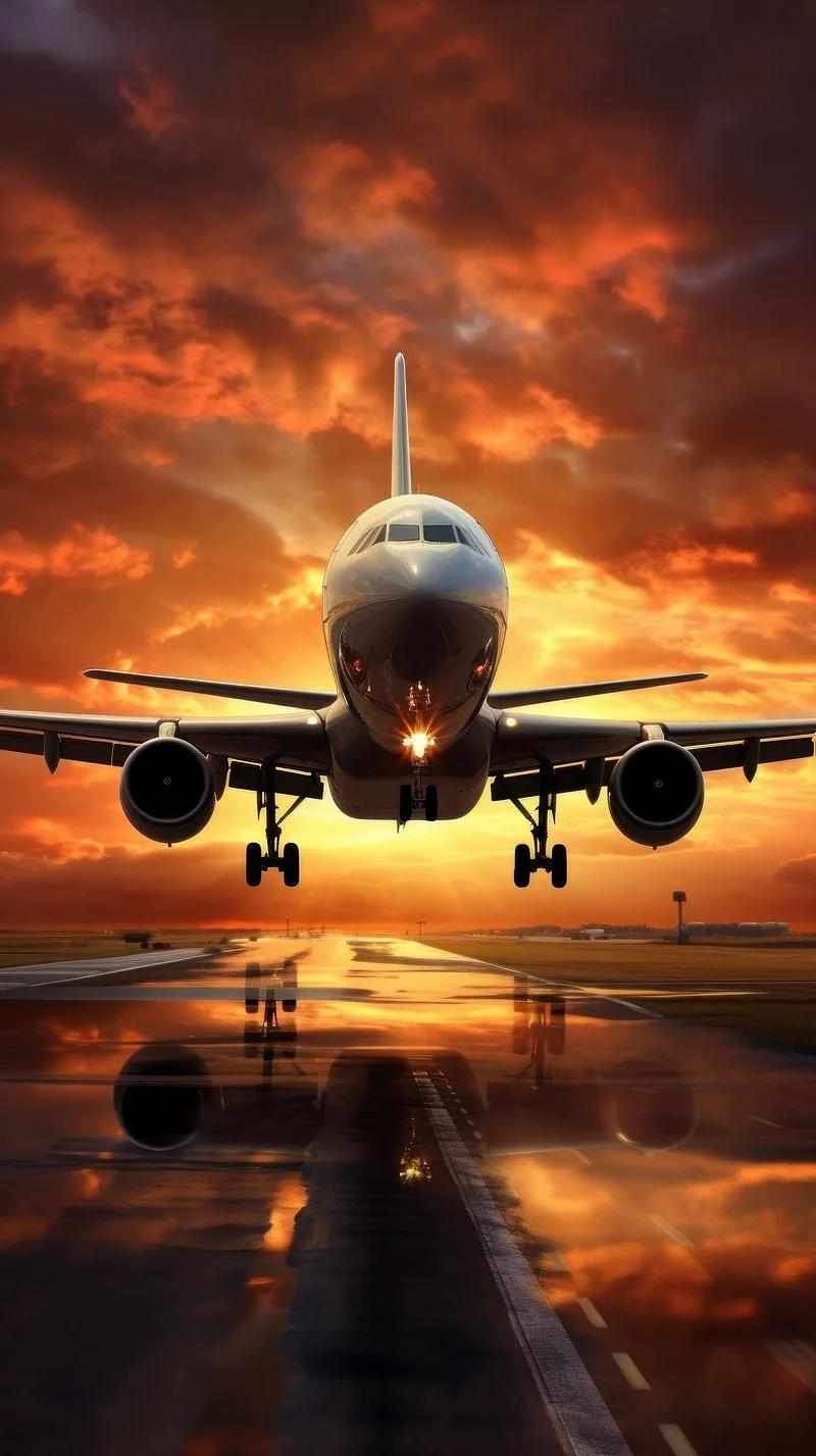 Ảnh nền đẹp với máy bay chở khách bay trên đường băng ướt dưới bầu trời hoàng hôn cam rực rỡ