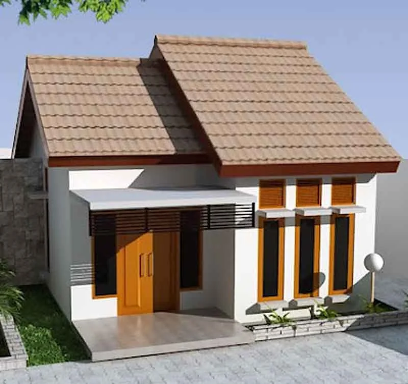 Ngôi nhà một tầng mái ngói nâu với cửa gỗ và mặt tiền sáng màu
