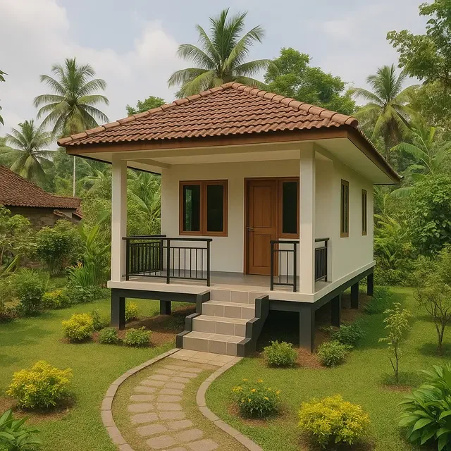 Ngôi nhà nhỏ mái ngói giữa khu vườn nhiệt đới có hàng dừa