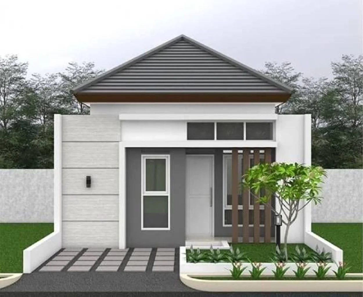 Mẫu nhà hiện đại một tầng mái dốc với mặt tiền trắng và lối đi lát đá