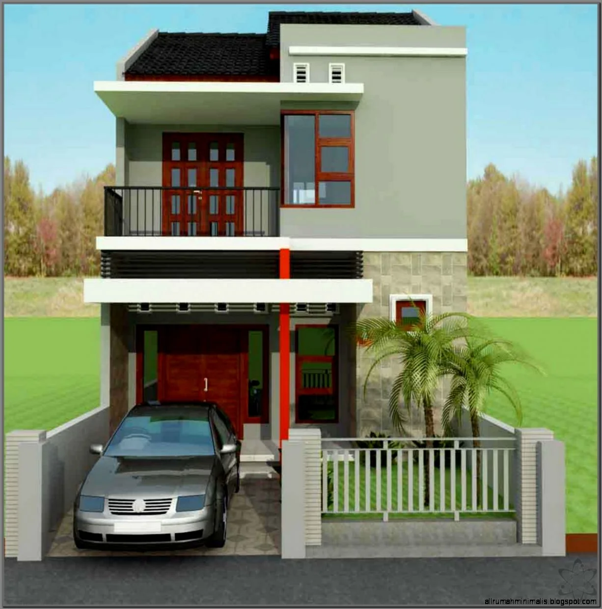 Mẫu nhà phố hai tầng màu xanh có gara ô tô phía trước