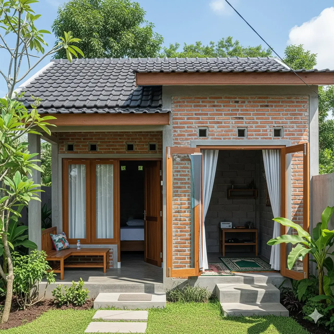 Ngôi nhà nhỏ tường gạch đỏ, mái ngói xám và hiên cửa rộng