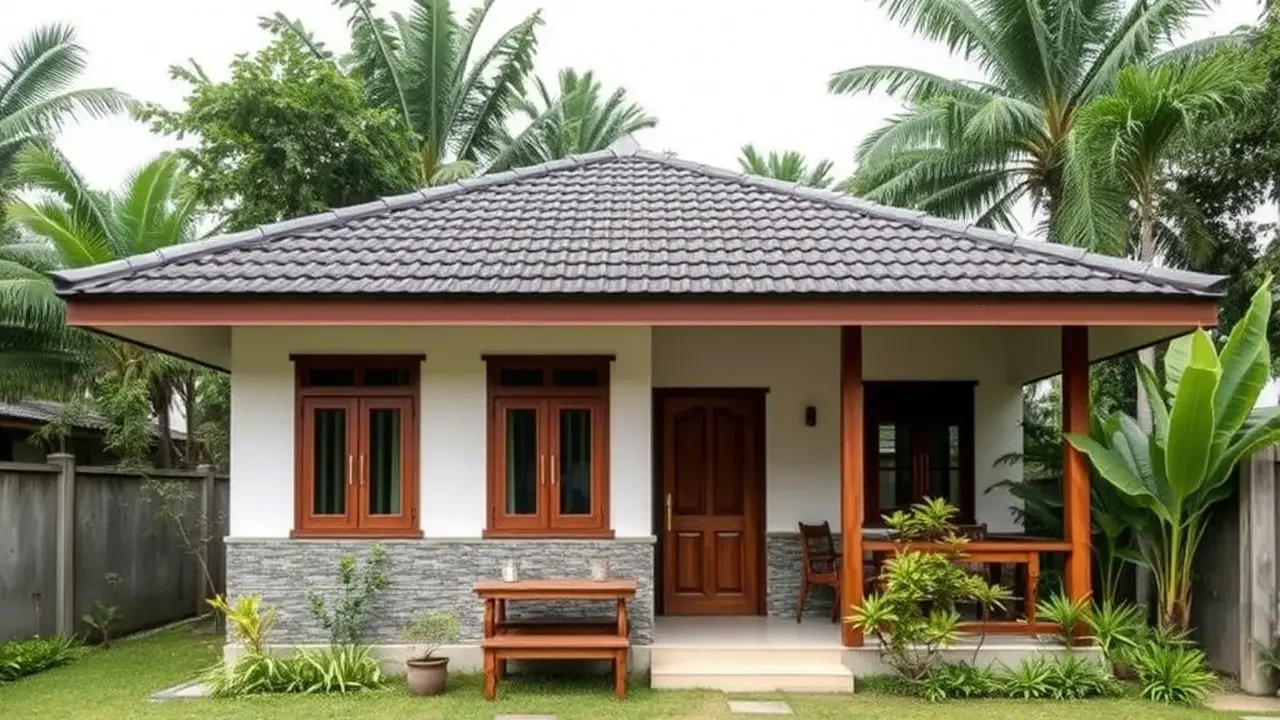 Ngôi nhà một tầng mái ngói với sân vườn và hàng cây nhiệt đới